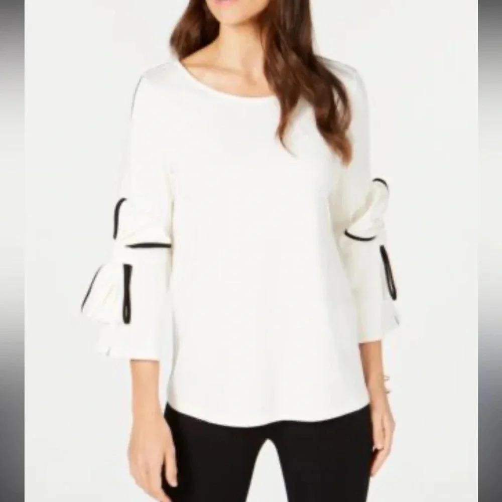 Alfani | white top | long bell sleeve | bow detail | size M